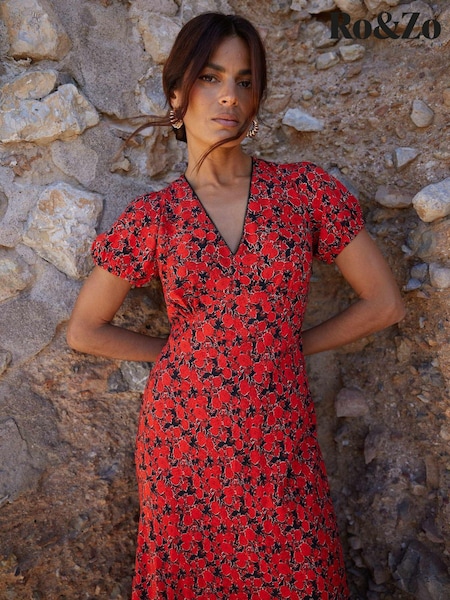 Ro&Zo Red Blurred Floral Print Puff Sleeve Midi Dress (E71346) | 220 QAR
