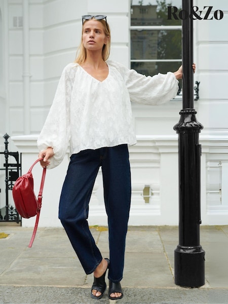 Ro&Zo Ivory White Leopard Print Jacquard Blouson Sleeve Blouse (E71351) | €50