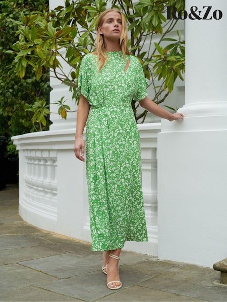 Ro&Zo Green Ditsy Print Tuck Waist Midi Dress (E71353) | €66