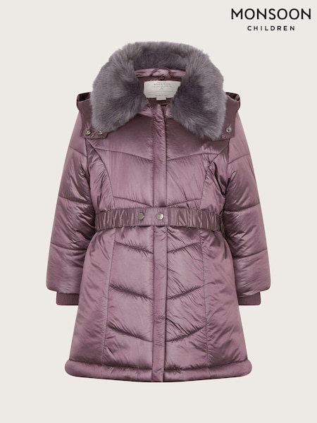 Monsoon Purple Metallic Chevron Faux Fur Collar Coat (E71381) | ₪312 - ₪362