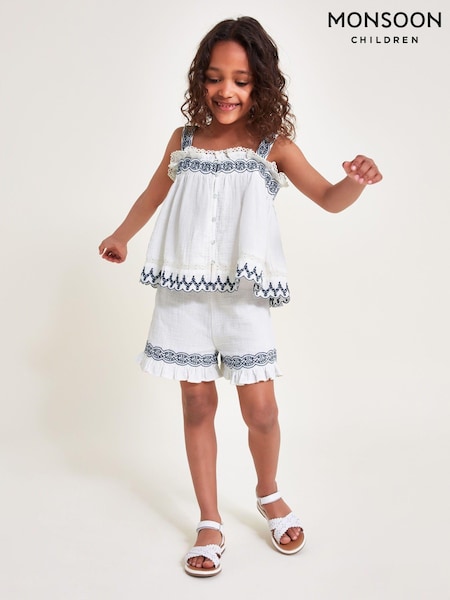 Monsoon White Embroidered Frill Top and Shorts Set (E71401) | €21 - €23