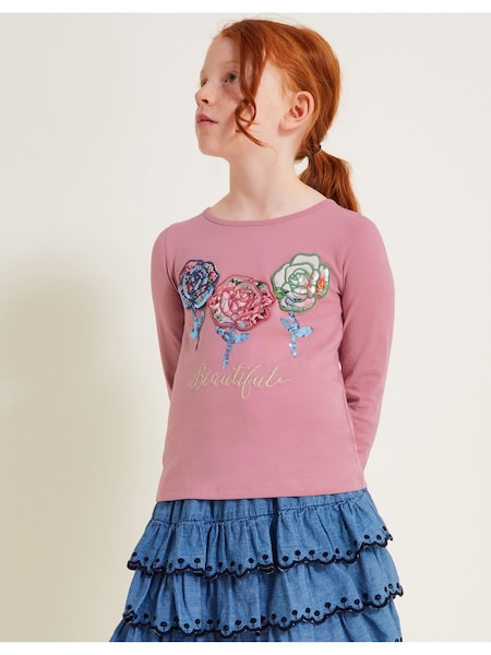 Monsoon Pink Long Sleeve 100% Cotton Sequin Flower T-Shirt (E71419) | AED71 - AED85