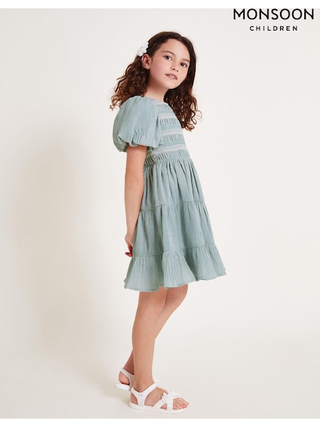 Monsoon Green Puff Sleeve Shirred Dress (E71450) | 103 QAR - 124 QAR