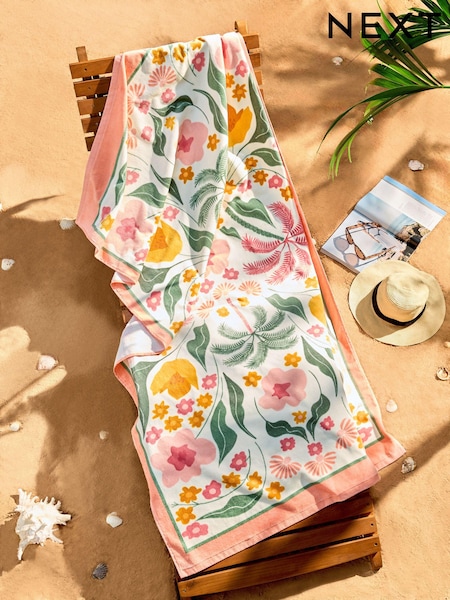 Pink Floral Palm 100% Cotton XL Beach Towel (E71485) | €27