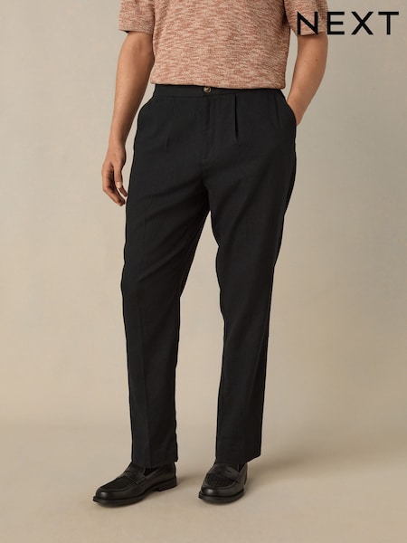 Black Regular Fit Cotton Linen Blend Elasticated Back Trousers (E71543) | €44
