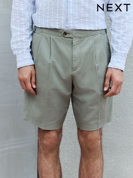 Sage Green Smart Cotton Blend Side Adjuster Shorts With Linen and Lyocell (E71545) | AED157