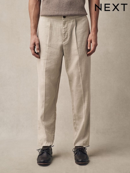 Ecru - Regular Fit Cotton Linen Blend Elasticated Back Trousers (E71548) | R$ 365