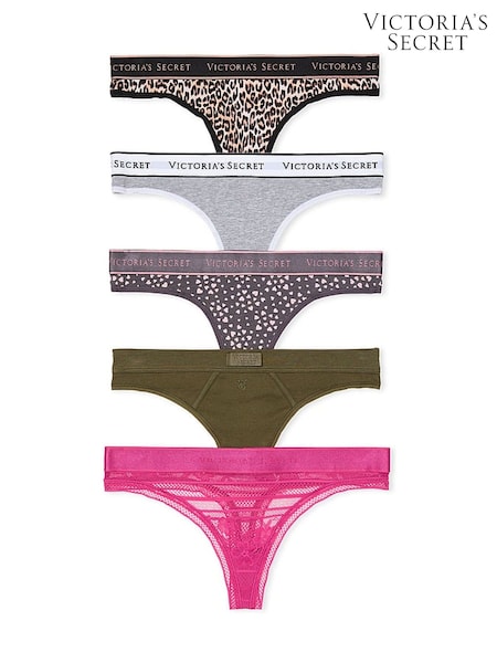 Victoria's Secret Leopard/Grey/Green/Pink Thong Logo 5 Pack Knickers (E71998) | €31