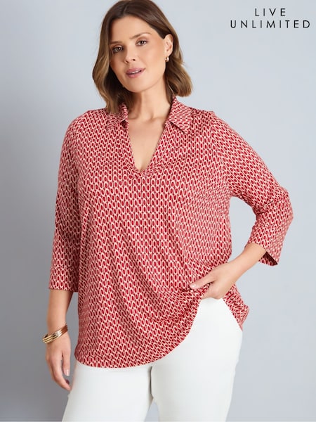 Pula - Live Unlimited Geo Print 3/4 Sleeve Collared V-neck Jersey Top