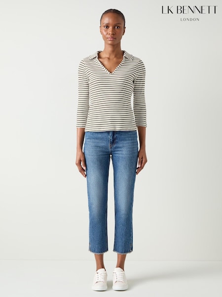 LK Bennett Cream/Black Lena Stripe Rib Collar Sleeved Jersey Top (E72081) | € 46