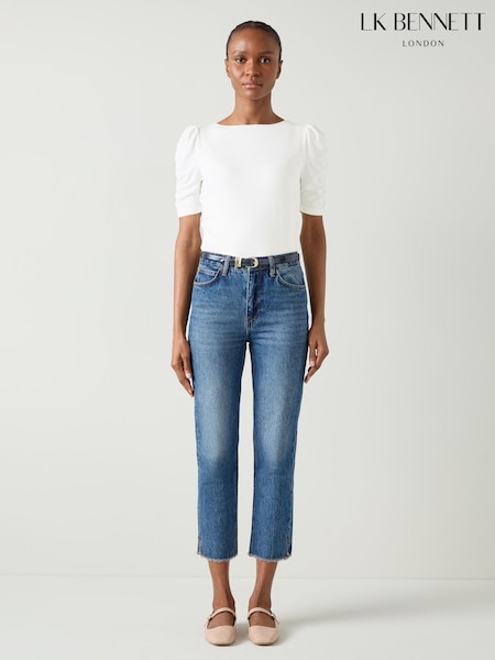 LK Bennett Cream Diana Ruched 3/4 Sleeve Knit T-Shirt (E72082) | 195 QAR
