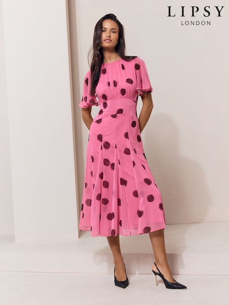 Pink - Lipsy Spot Short Flutter Sleeve Midi Dress