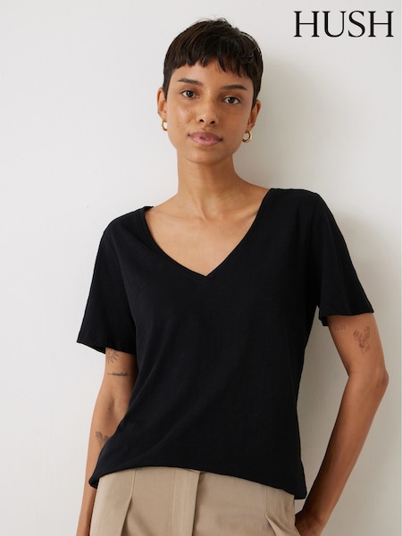Musta - Hush Kali 100% Cotton Slub V-kaula-aukko T-paita (E72524) | €46