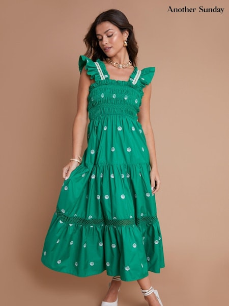 Another Sunday Green Shell Embroidered Shirred Bust Tiered Midi Dress (E72578) | €38