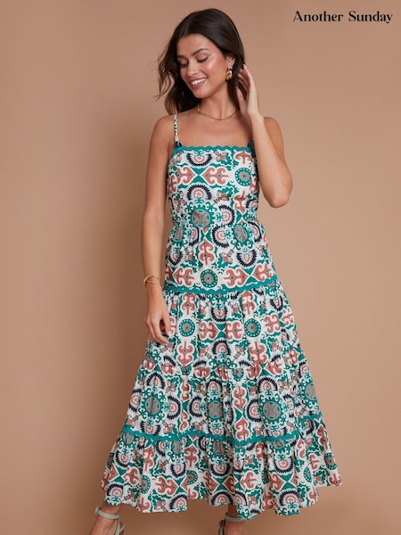 Another Sunday Green Strappy Tiered Printed Midi 100% Cotton Dress with Bead Trims (E72579) | €28