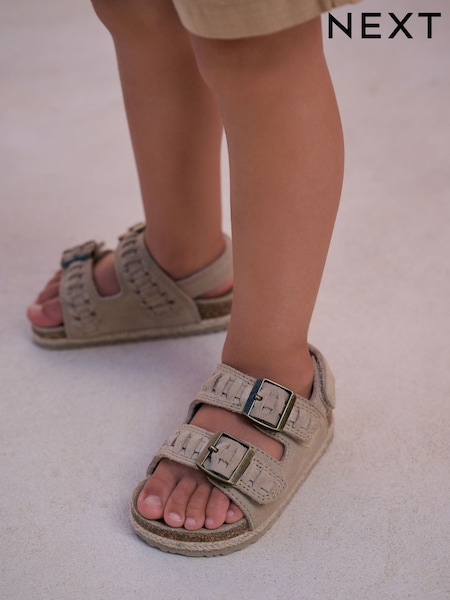 צבע אבן - Woven Suede Leather Double Buckle Cushioned Footbed Sandals (E72673) | ‏84‏₪ - ‏92‏ ₪