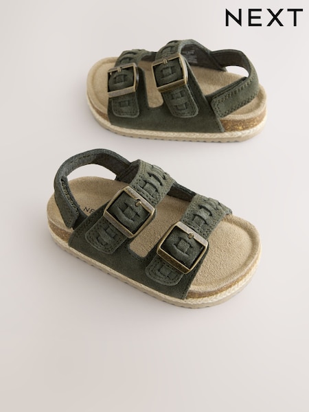 Khaki Green Standard Fit (F) Suede Leather Double Buckle Cushioned Footbed Sandals (E72689) | €30 - €33