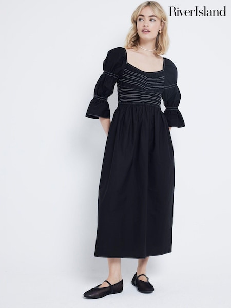 River Island Black Shirred Midi Dress (E72876) | €36