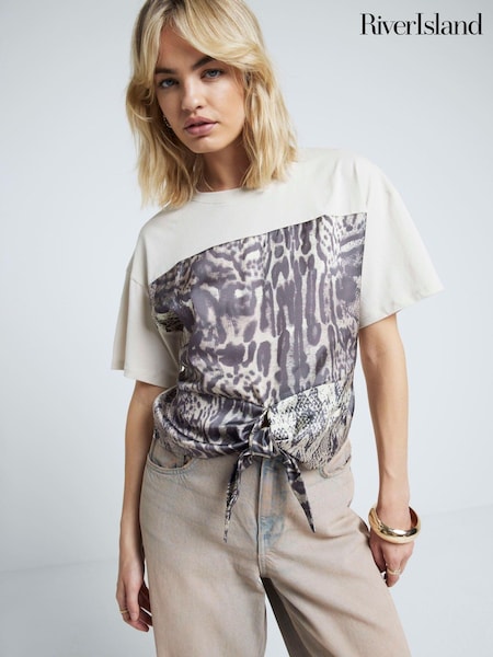 River Island Leopard Print Knot Front 100% Cotton T-Shirt (E72893) | €47