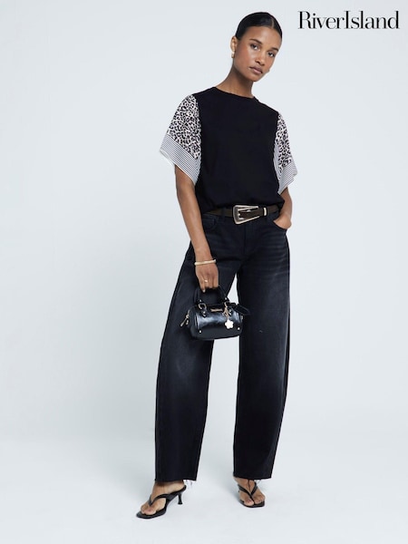 River Island Black Leopard Print Sleeve 100% Cotton T-Shirt (E72898) | 1,682 UAH