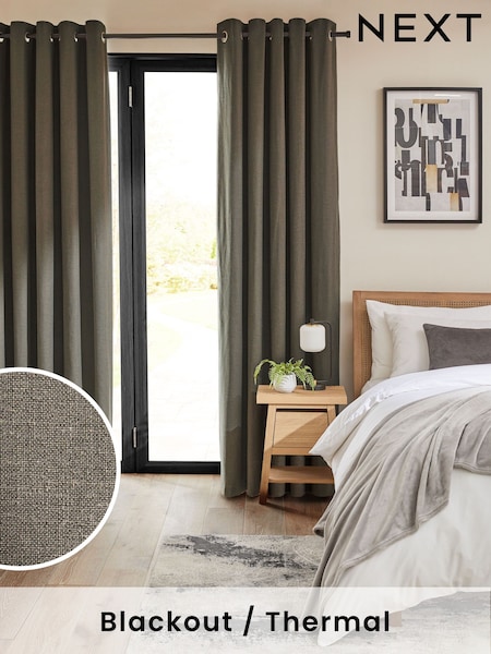 Charcoal Grey Linen Look Blackout/Thermal Eyelet Curtains (E72947) | R$ 685 - R$ 1,520