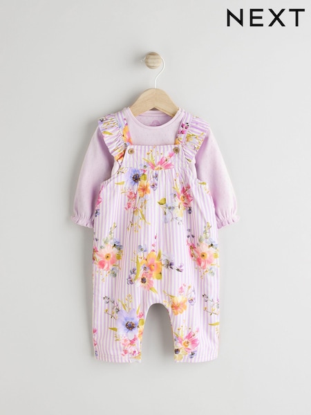 Purple Floral Stripe Long Sleeve Bodysuit & Baby Dungaree Set (0mths-3yrs) (E72951) | EGP1,200 - EGP1,320