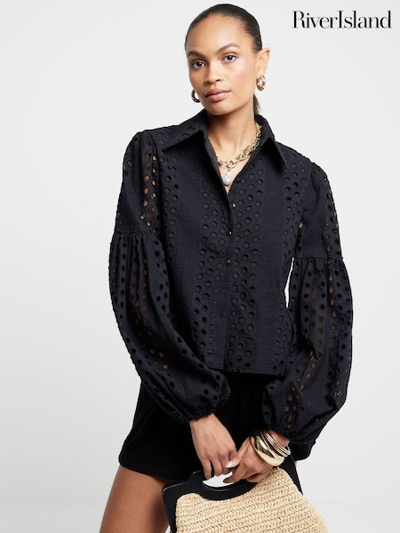 River Island Black Broderie Puff Sleeve Shirt (E73005) | €27