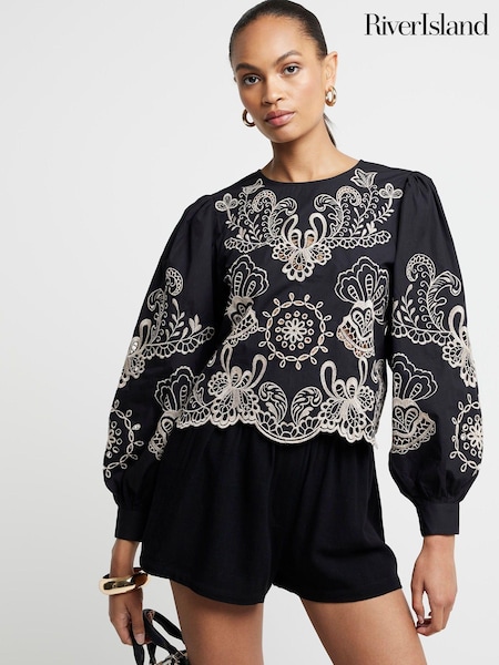 River Island Black Crew Neck Floral Print 100% Cotton Cutwork Top (E73033) | €21.50