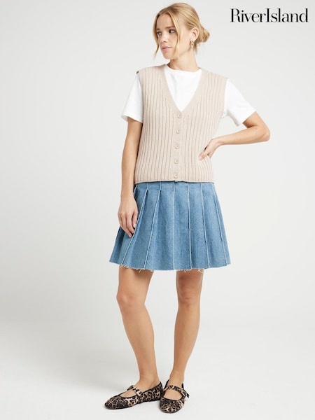 River Island Brown Waistcoat Hybrid Knitted 100% Cotton Jersey Top (E73050) | €24