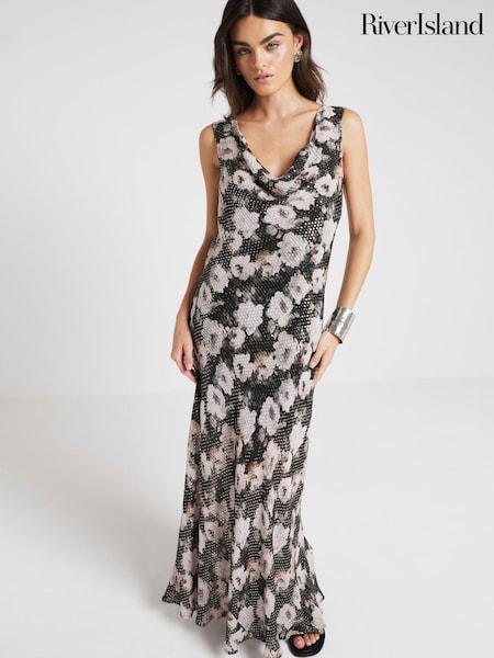 River Island 100% Cotton Cowl Neck Maxi Floral Dress (E73057) | €46