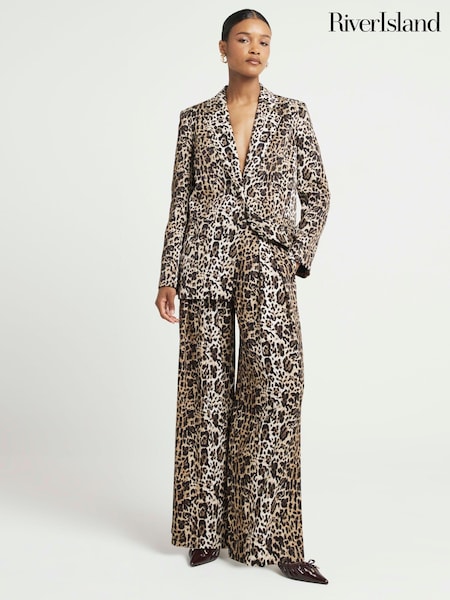 River Island Leopard Print Wide Leg Tailored Trousers (E73071) | 143 LEI