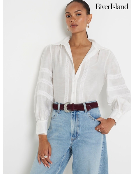 River Island White Linen and Lace Trim Shirt (E73083) | 104 QAR