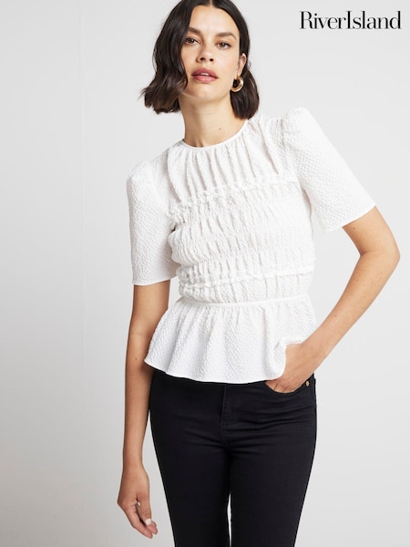 River Island White Textured Shirred Top (E73086) | €24