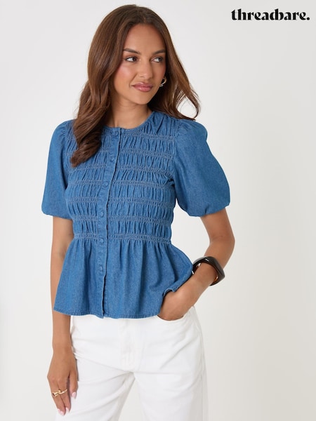 Bleu - Chemisier smocké Threadbare en Denim à manches courtes