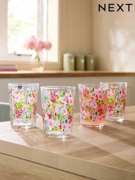 Pink Lisse Floral Set of 4 Tall Tumbler Glasses (E73148) | €23