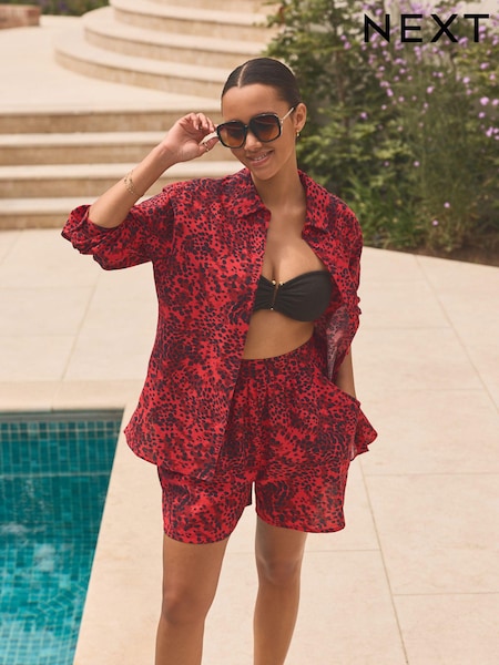 Red Animal Cotton Linen Mix Beach Shirt (E73523) | 1,343 UAH