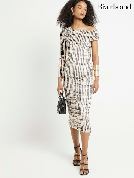 River Island Black/White Mesh Asymmetric Bodycon Black/White Midi Dress (E73717) | €58