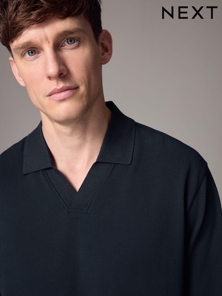 Navy Blue Cuban Collar Long Sleeve Polo Shirt (E73720) | 56 SAR
