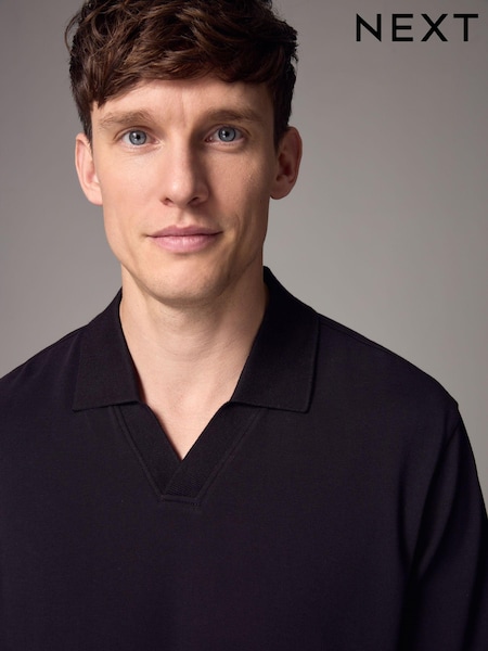 Black Cuban Collar Long Sleeve Polo Shirt (E73726) | 56 SAR