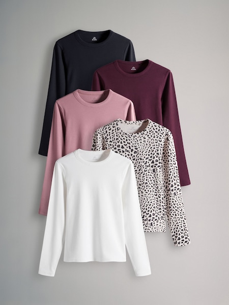 The Set Black/Cream/Berry Red/Mauve Pink/Leopard Print 5 Pack Ribbed Long Sleeve T-Shirts (E73782) | OMR12
