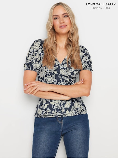 Long Tall Sally Blue Puff Sleeve Wrap Top (E74166) | €37