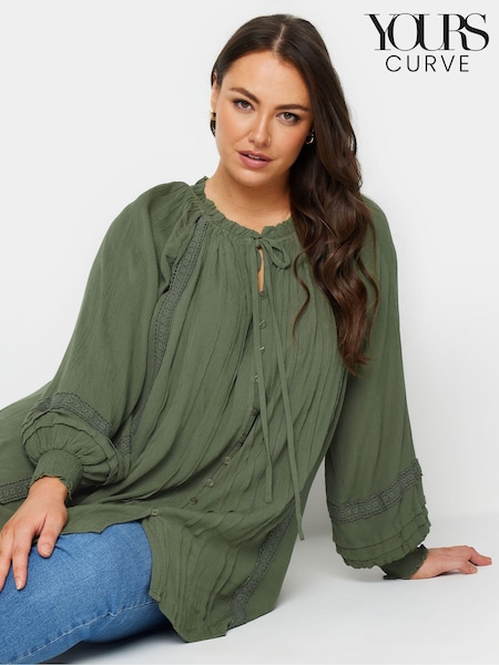 Yours Curve Khaki Green Crinkle Tie Neck Blouse (E74172) | €26