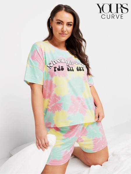 Roz - Yours Curve Namastay Țesătură multicoloră Decupat/Trei sferturi Pyjamas Set (E74193) | 149 LEI