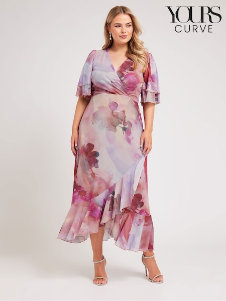 Yours Curve Pink London Ruffle Wrap Mesh Dress (E74194) | 173 QAR