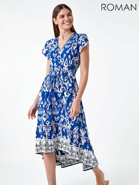 Roman Blue Aztec Style Print Dipped Hem Midi Dress (E74200) | €49