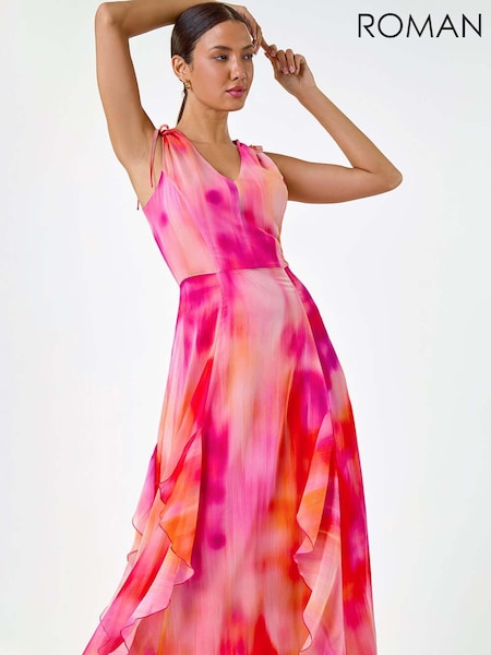 Roman Pink Abstract Print Frill Maxi Dress (E74219) | 346 QAR