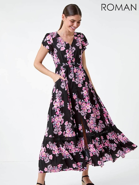 Roman Pink Floral Print Shirred Waist Maxi Dress (E74225) | €63