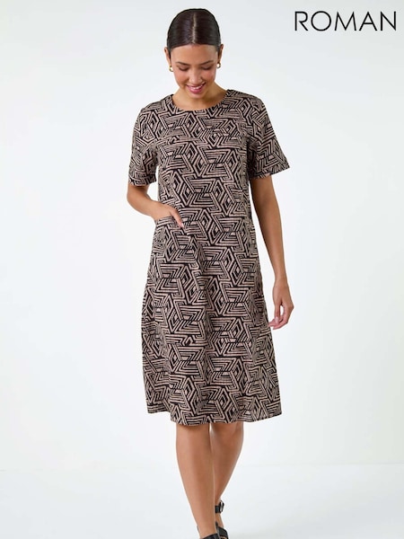 Roman Brown Geometric Print Pocket Shift Dress (E74237) | €26