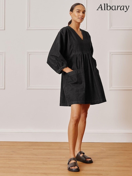Albaray 100% Cotton Denim V-Neck Short Black Dress (E74286) | €63