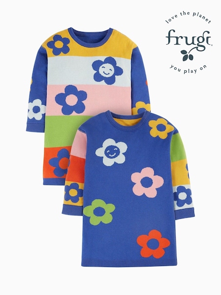 Frugi Blue Floral Reversible Knitted Dress (E74322) | kr543 - kr571